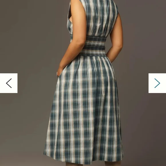 Anthropologie Teal Plaid Midi Dress with Smocked Waist - Picture 2 of 9